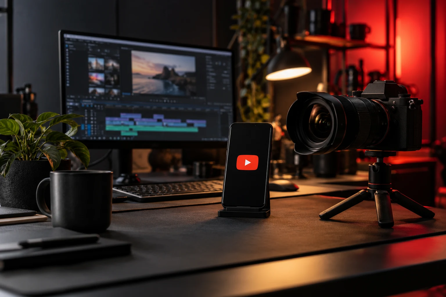 Camera, phone and editing monitor on a creator's desk with red studio lighting.